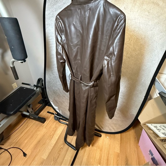 Animari Brown Faux Leather Trench Coat Belted Double Breasted Size Medium - Picture 5 of 8